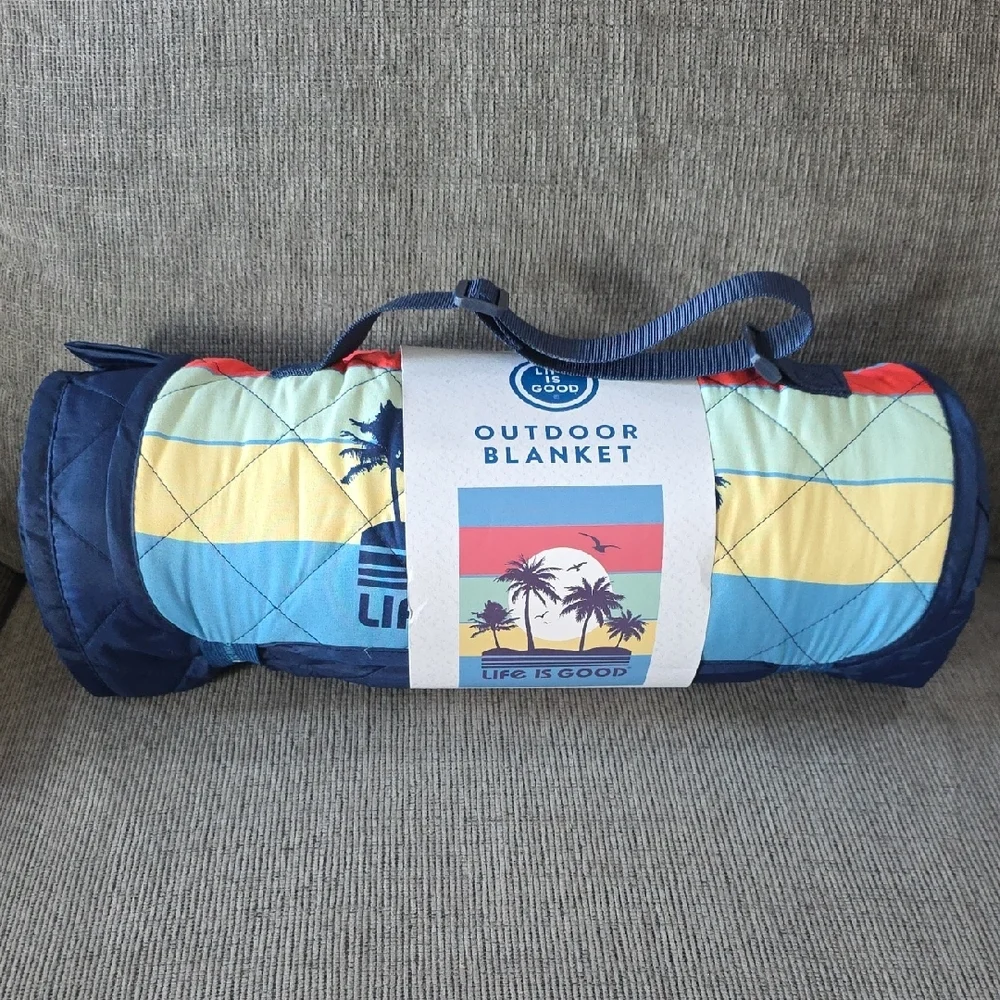 Life Is Good Blue Outdoor Blanket With Palm Trees And‎ Stripes, NWT, 50
